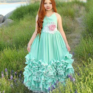 Dollcake Mint Green Halter Ruffle Gown with Pink Flower